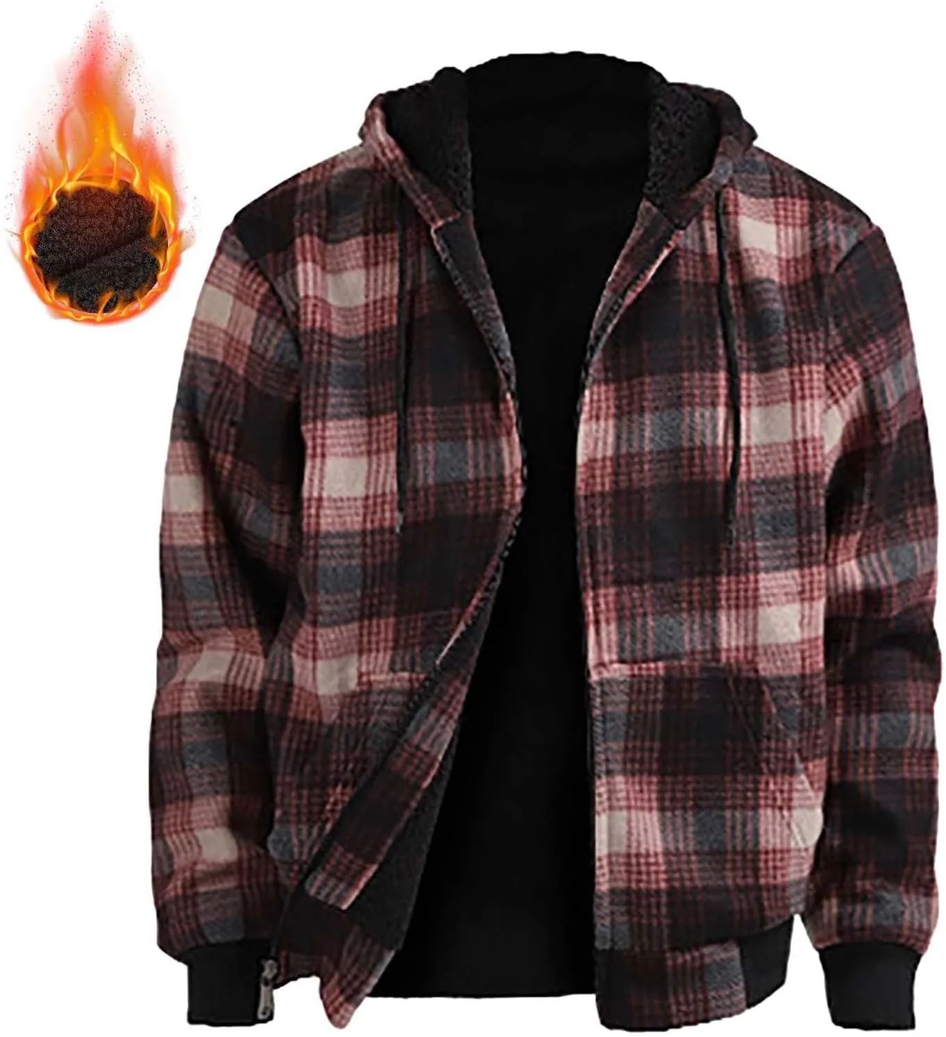 Fleece Jacket Men Full Zip Sherpa Lined Plaid Checkered Crewneck Sweatshirt Big and Tall Hoodies Warm Winter Coat
