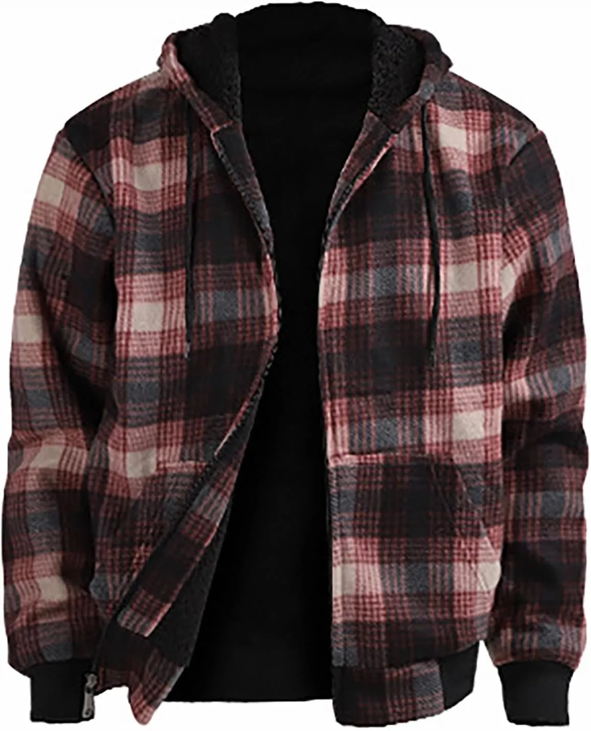 Fleece Jacket Men Full Zip Sherpa Lined Plaid Checkered Crewneck Sweatshirt Big and Tall Hoodies Warm Winter Coat