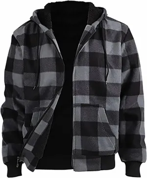 Fleece Jacket Men Full Zip Sherpa Lined Plaid Checkered Crewneck Sweatshirt Big and Tall Hoodies Warm Winter Coat