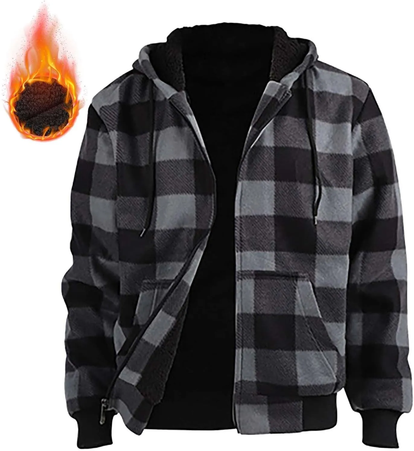Fleece Jacket Men Full Zip Sherpa Lined Plaid Checkered Crewneck Sweatshirt Big and Tall Hoodies Warm Winter Coat