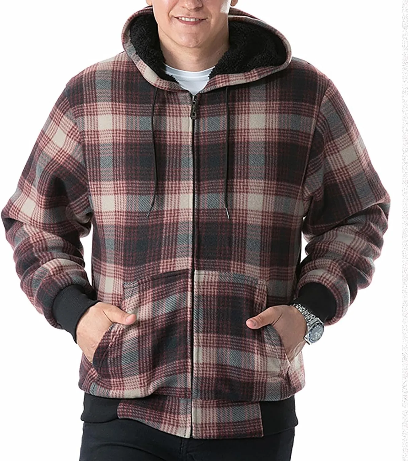 Fleece Jacket Men Full Zip Sherpa Lined Plaid Checkered Crewneck Sweatshirt Big and Tall Hoodies Warm Winter Coat