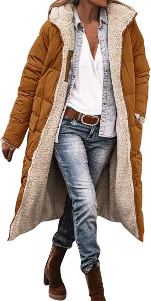 Fleece Jackets for Women Casual Zip Up Solid Color Reversible Teddy Long Coat Womens Padded Heavyweight Soft Jacket
