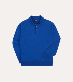 Eco Conscious Production Simple Warmth Blue Linen-Cotton Knitted Long-Sleeve Polo Shirt
