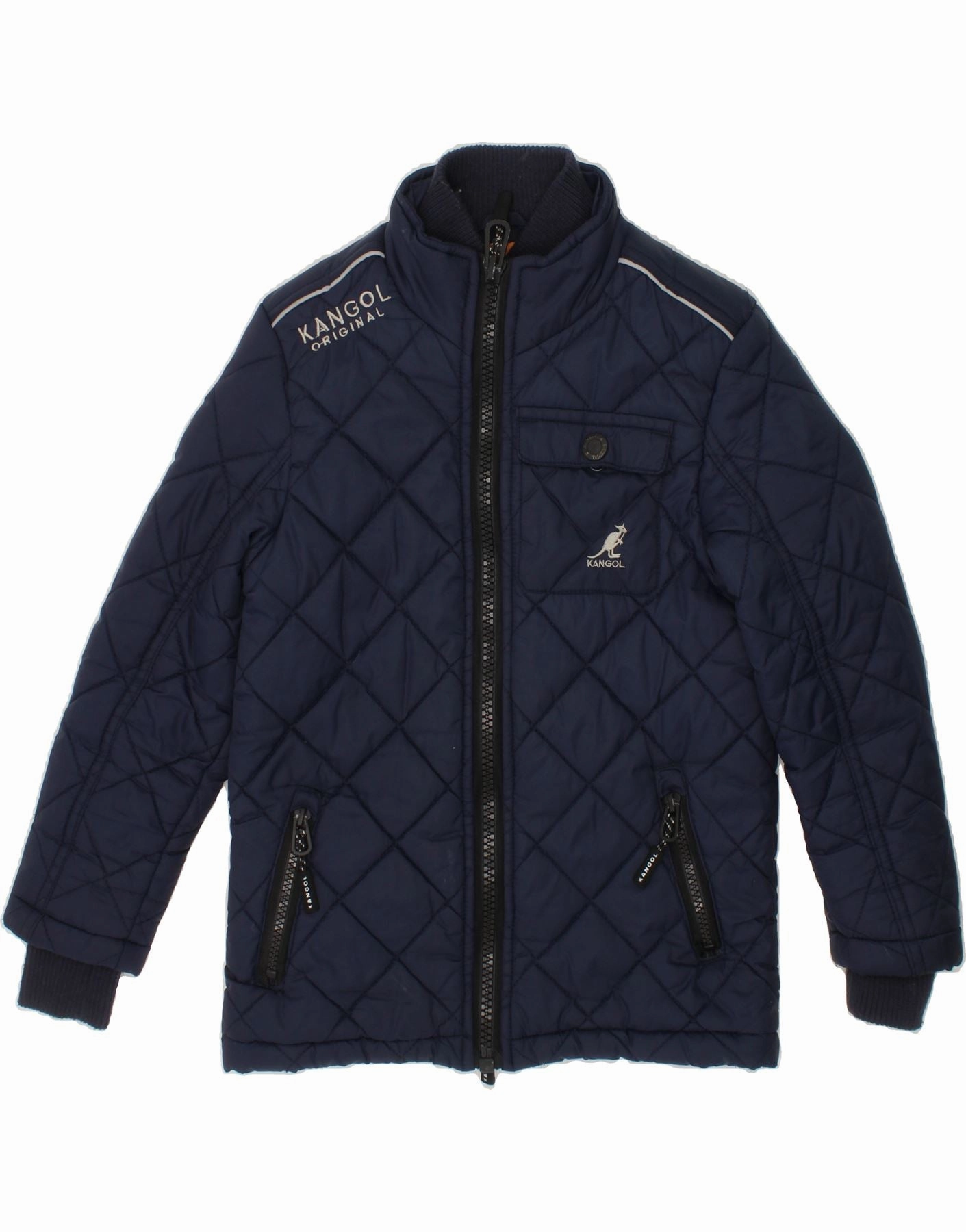 KANGOL Boys Graphic Quilted Jacket 6-7 Years Navy Blue Nylon Long Sleeve Multi Pocket Design