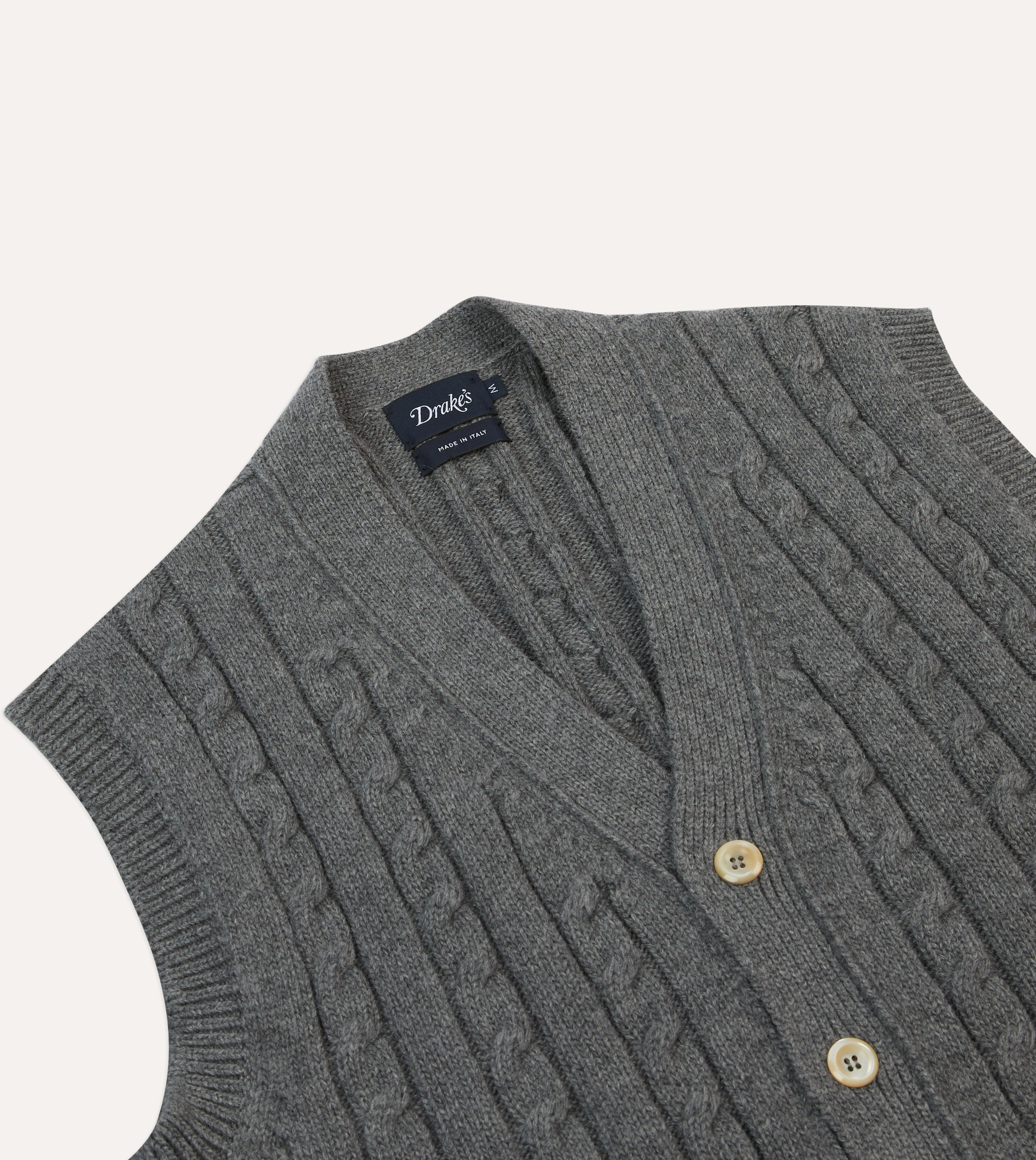 Grey Alpaca Lambswool Cable Knit Sleeveless Cardigan Knit Reinforced Edges
