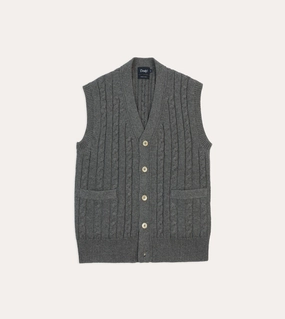 Grey Alpaca Lambswool Cable Knit Sleeveless Cardigan Easy Comfort Low Key