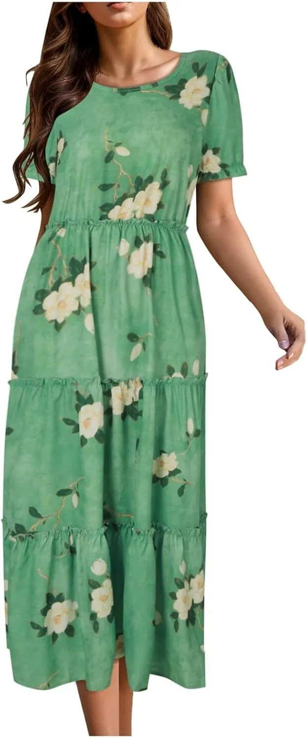 Floral Dress for Women Ruffle Spring Dresses 2025 Summer for Wedding Guest Over 50 Aline Hawaiian Dress Resort Wear