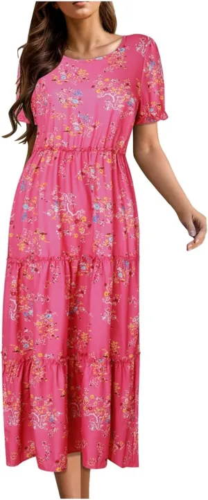 Floral Dress for Women Ruffle Spring Dresses 2025 Summer for Wedding Guest Over 50 Aline Hawaiian Dress Resort Wear