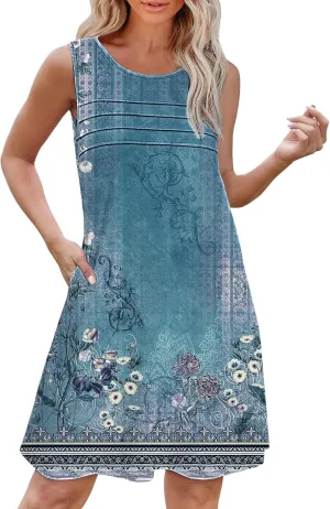 Floral Dresses for Women Womens with Pockets Summer Casual Tank Dress Sleeveless Midi Beach Dress Plus Size Dresses