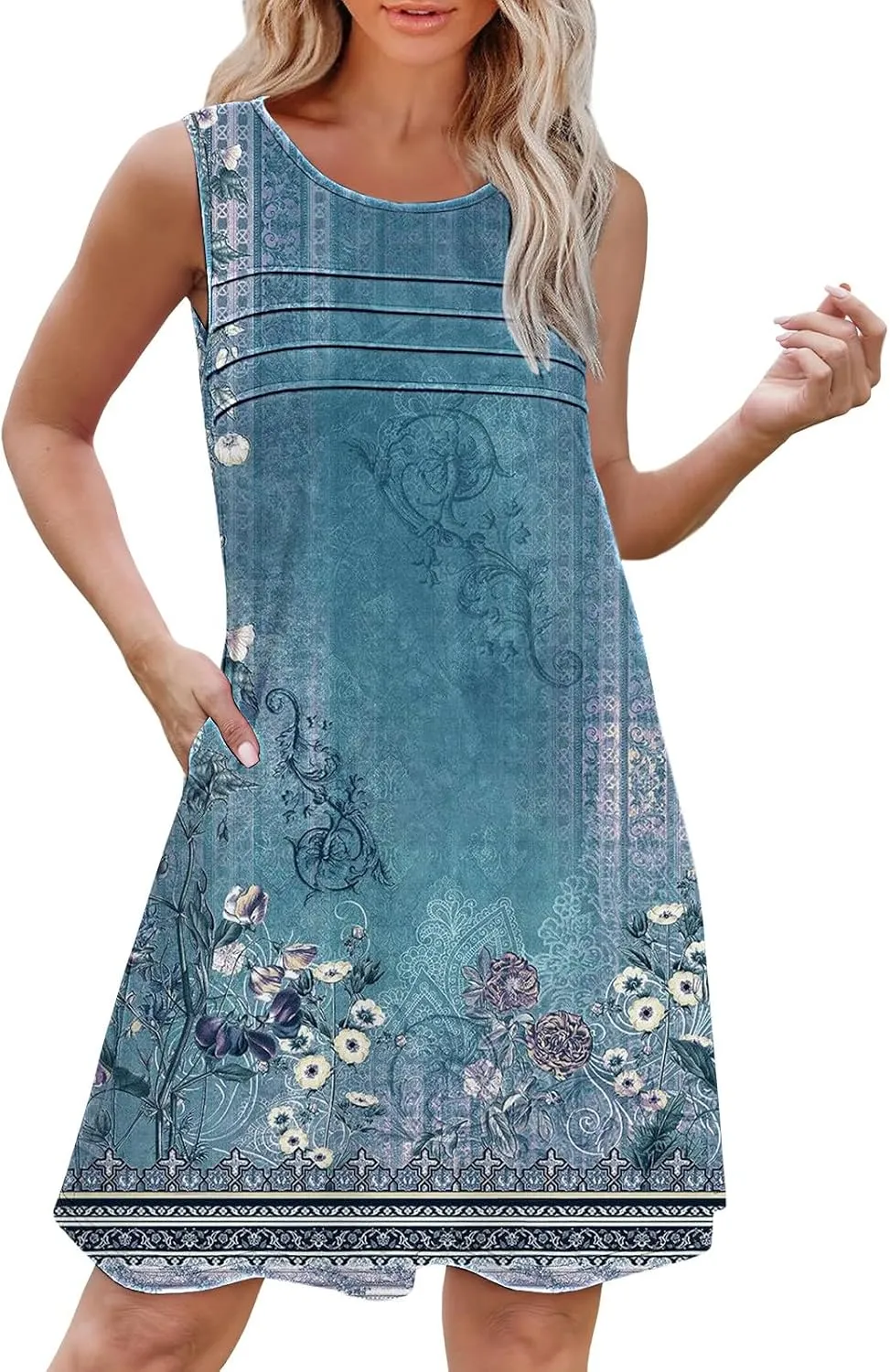 Floral Dresses for Women Womens with Pockets Summer Casual Tank Dress Sleeveless Midi Beach Dress Plus Size Dresses