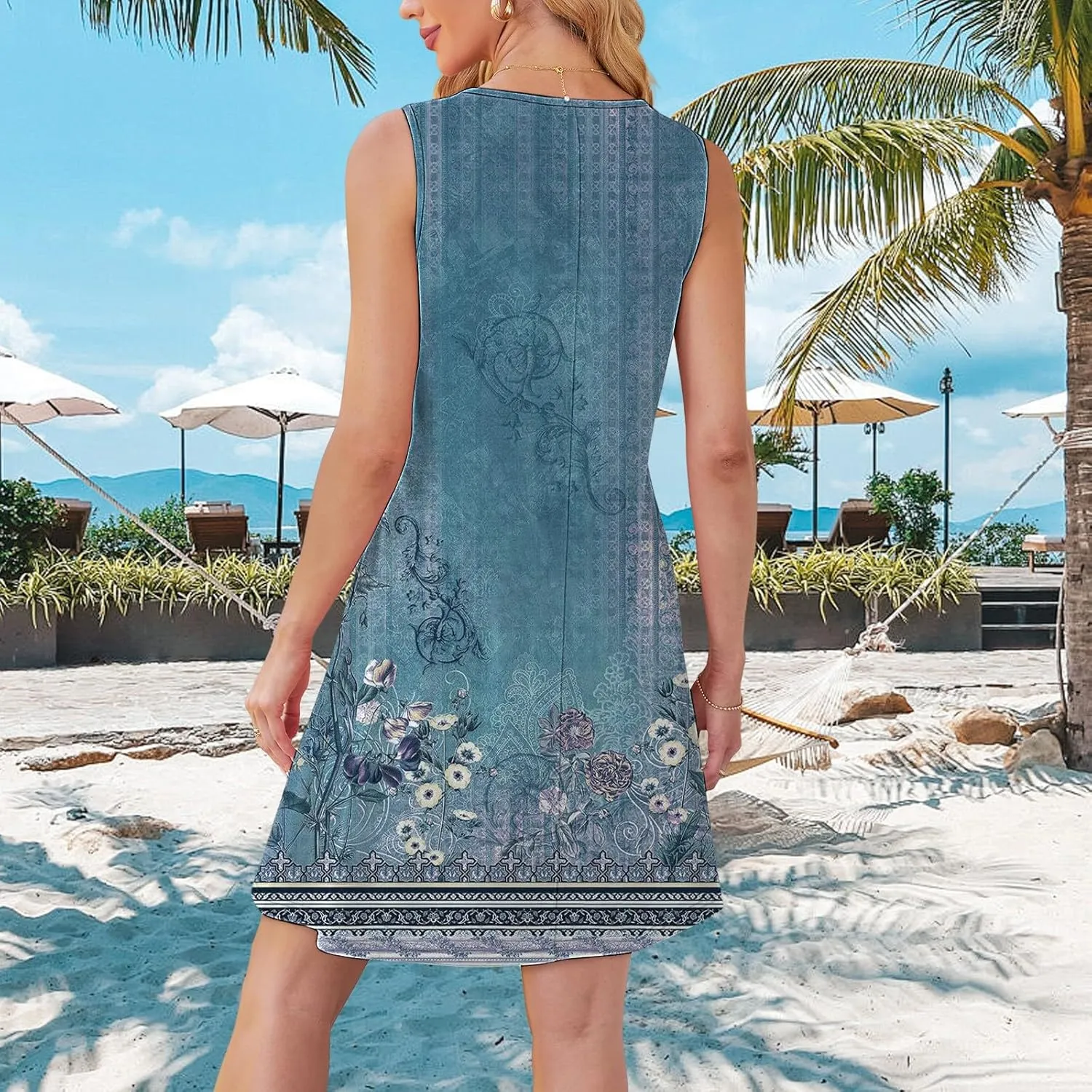 Floral Dresses for Women Womens with Pockets Summer Casual Tank Dress Sleeveless Midi Beach Dress Plus Size Dresses