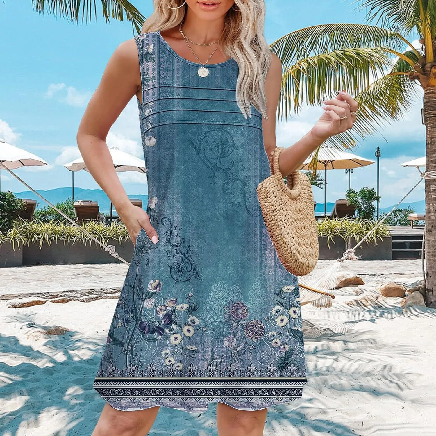 Floral Dresses for Women Womens with Pockets Summer Casual Tank Dress Sleeveless Midi Beach Dress Plus Size Dresses