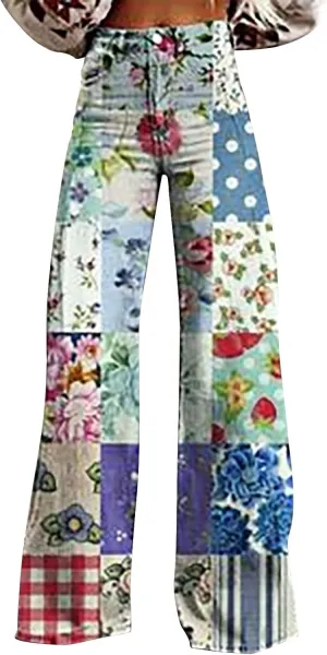 Floral Jeans for Women 2025 Wide Leg Baggy Pant Vintage Floral Print High Waisted Straight Stretch Pants with Pocket
