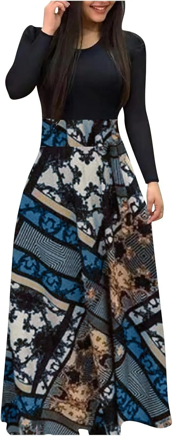 Floral Maxi Dress for Women Casual Spring Long Sleeve Elegant Church Dresses Formal Tunic Plus Size Summer Dresses