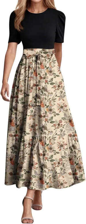 Floral Maxi Dresses for Women 2025 Summer Long Short Sleeve Casual Boho Sun Dresses A Line Patchwork Beach Dress