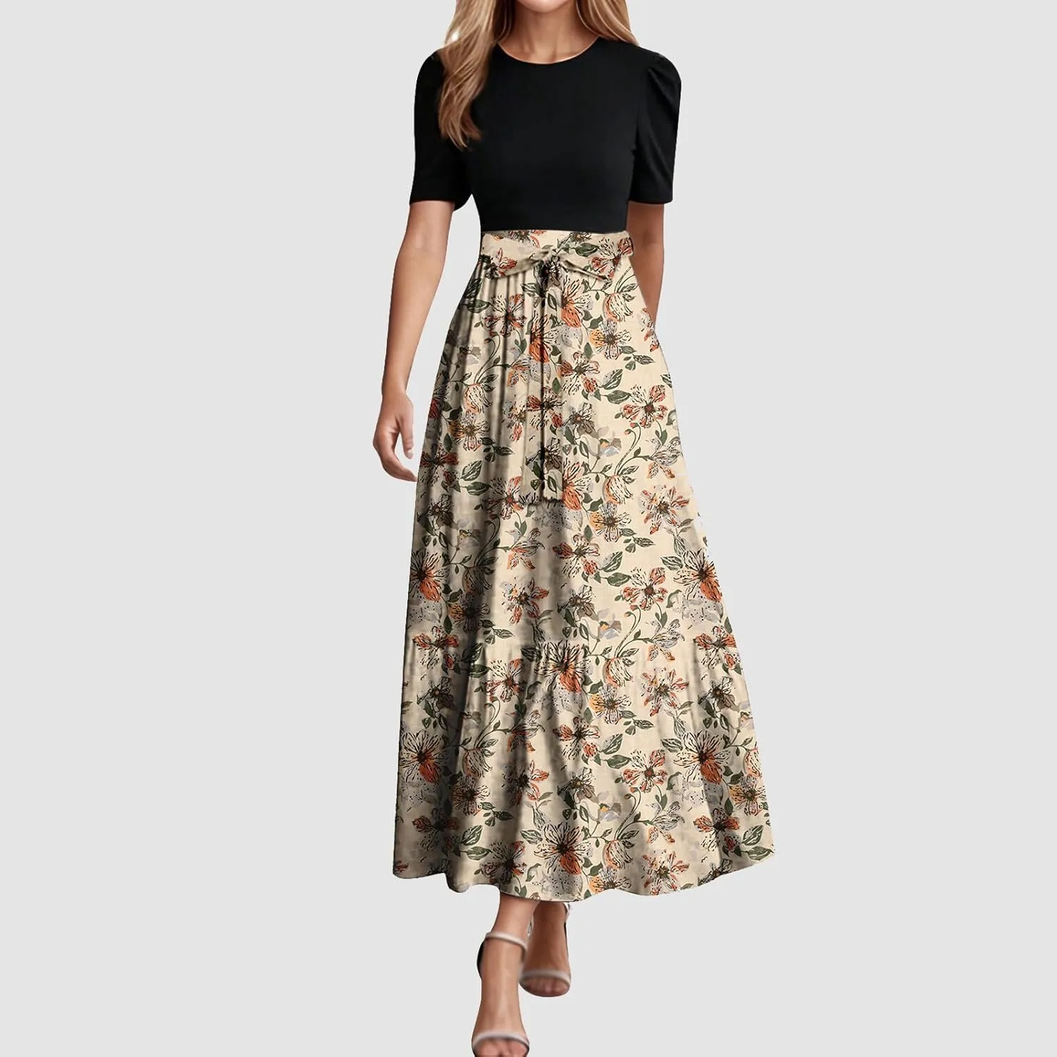 Floral Maxi Dresses for Women 2025 Summer Long Short Sleeve Casual Boho Sun Dresses A Line Patchwork Beach Dress