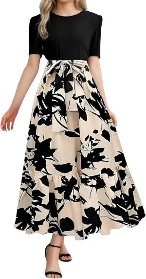 Floral Maxi Dresses for Women 2025 Summer Long Short Sleeve Casual Boho Sun Dresses A Line Patchwork Beach Dress