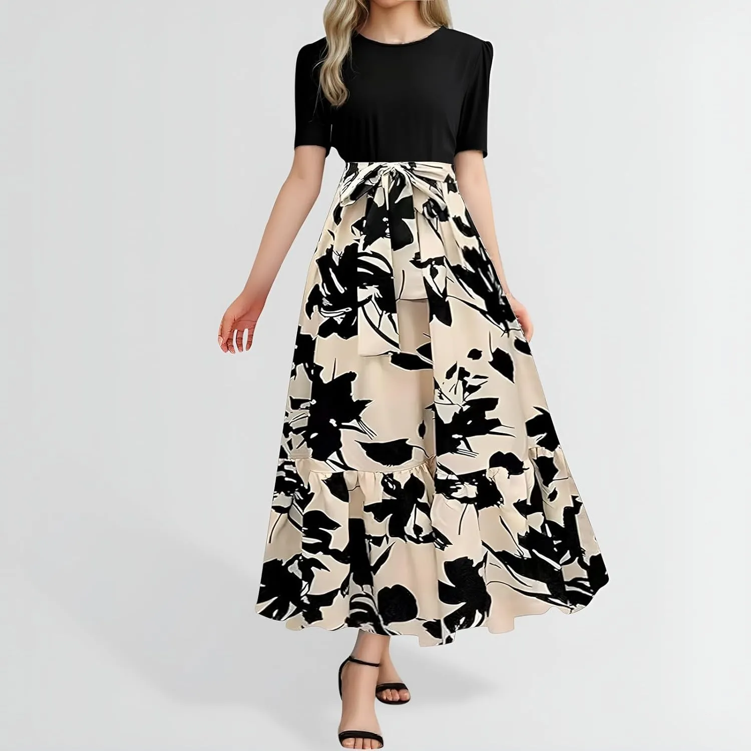 Floral Maxi Dresses for Women 2025 Summer Long Short Sleeve Casual Boho Sun Dresses A Line Patchwork Beach Dress