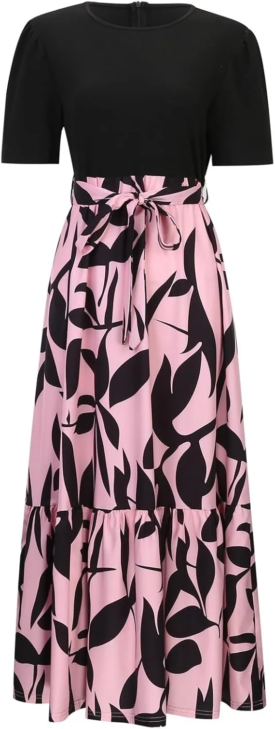 Floral Maxi Dresses for Women 2025 Summer Long Short Sleeve Casual Boho Sun Dresses A Line Patchwork Beach Dress