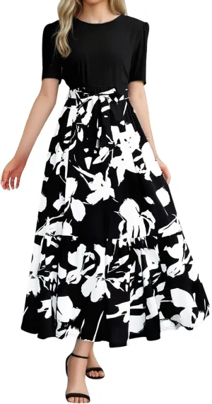 Floral Maxi Dresses for Women 2025 Summer Long Short Sleeve Casual Boho Sun Dresses A Line Patchwork Beach Dress
