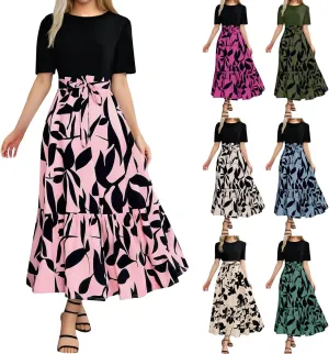 Floral Maxi Dresses for Women 2025 Summer Long Short Sleeve Casual Boho Sun Dresses A Line Patchwork Beach Dress
