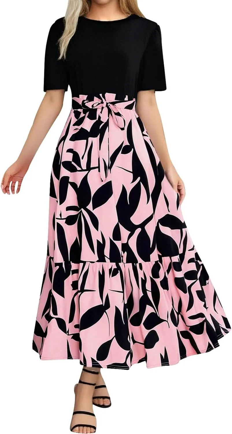 Floral Maxi Dresses for Women 2025 Summer Long Short Sleeve Casual Boho Sun Dresses A Line Patchwork Beach Dress