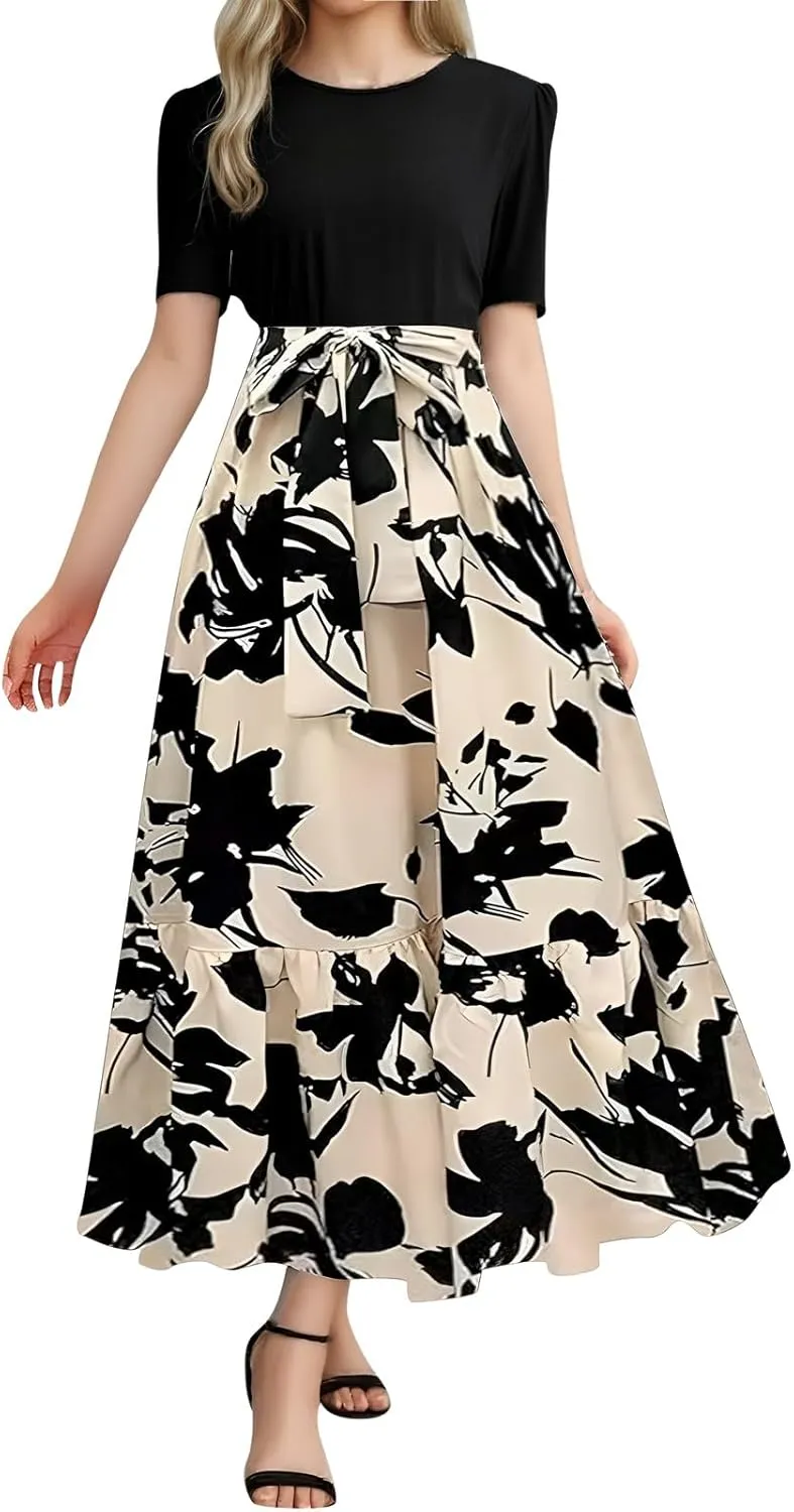Floral Maxi Dresses for Women 2025 Summer Long Short Sleeve Casual Boho Sun Dresses A Line Patchwork Beach Dress