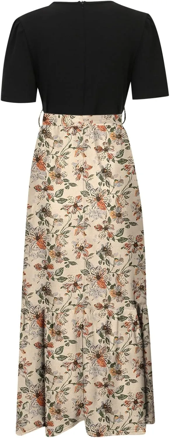 Floral Maxi Dresses for Women 2025 Summer Long Short Sleeve Casual Boho Sun Dresses A Line Patchwork Beach Dress