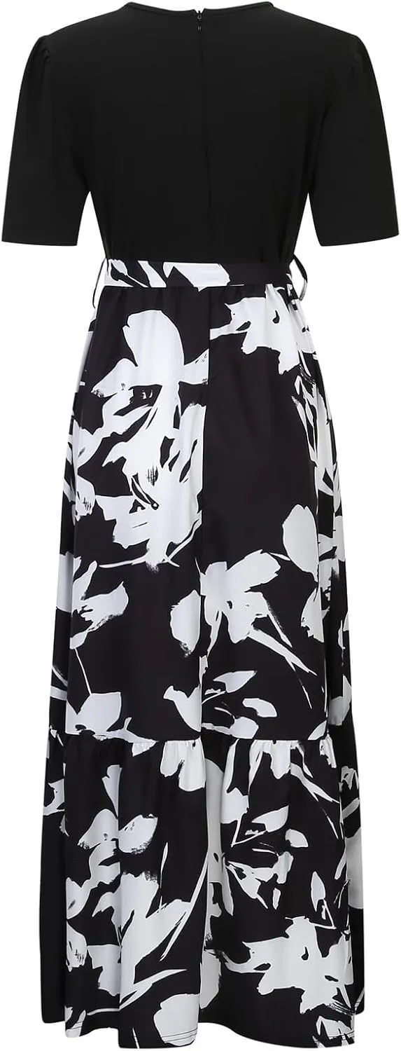 Floral Maxi Dresses for Women 2025 Summer Long Short Sleeve Casual Boho Sun Dresses A Line Patchwork Beach Dress
