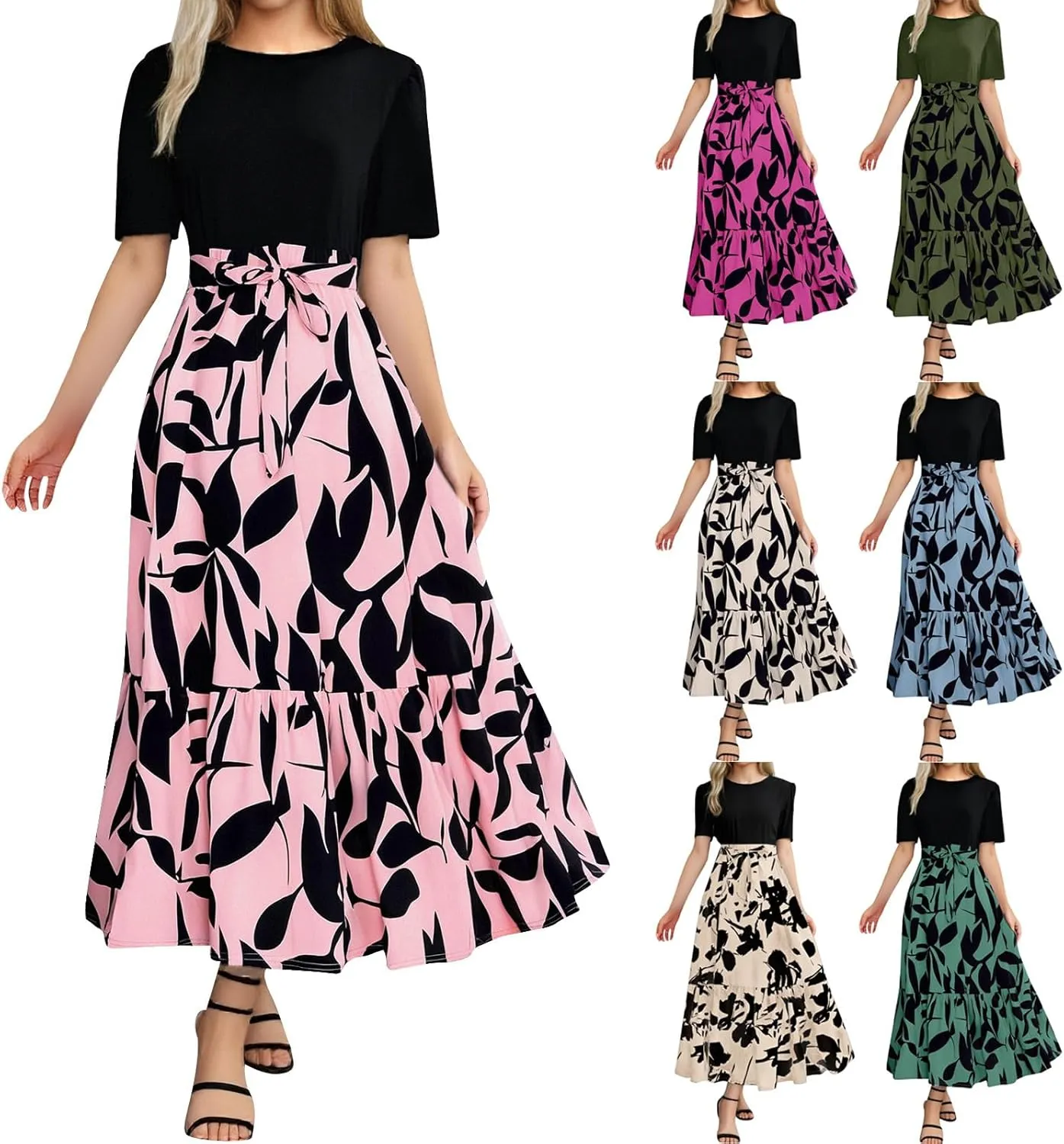 Floral Maxi Dresses for Women 2025 Summer Long Short Sleeve Casual Boho Sun Dresses A Line Patchwork Beach Dress