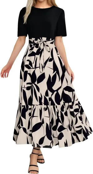 Floral Maxi Dresses for Women 2025 Summer Long Short Sleeve Casual Boho Sun Dresses A Line Patchwork Beach Dress