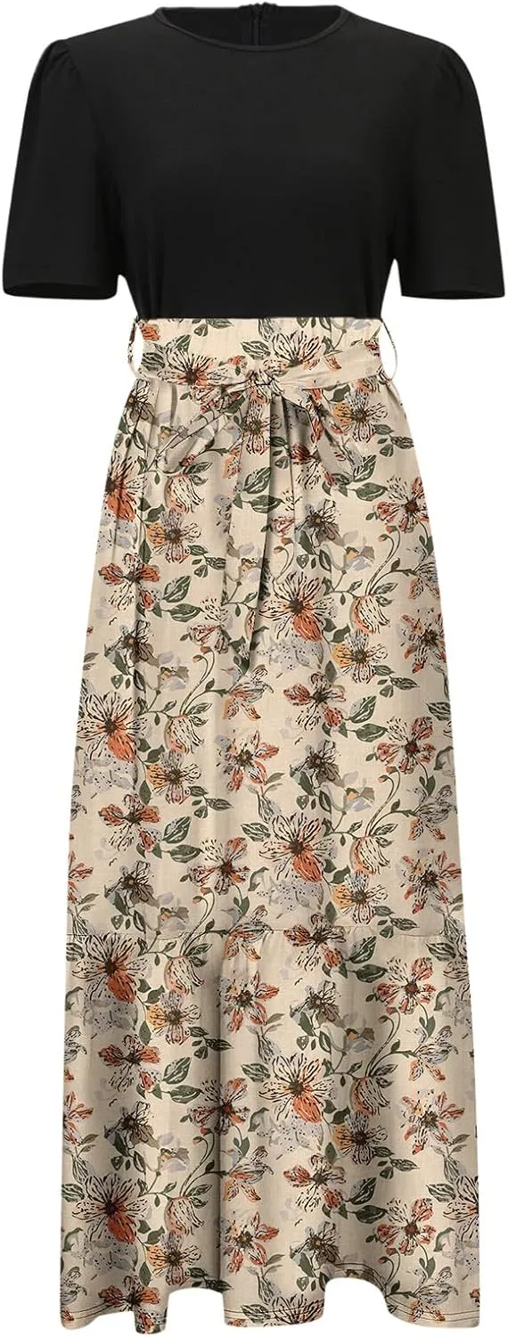 Floral Maxi Dresses for Women 2025 Summer Long Short Sleeve Casual Boho Sun Dresses A Line Patchwork Beach Dress