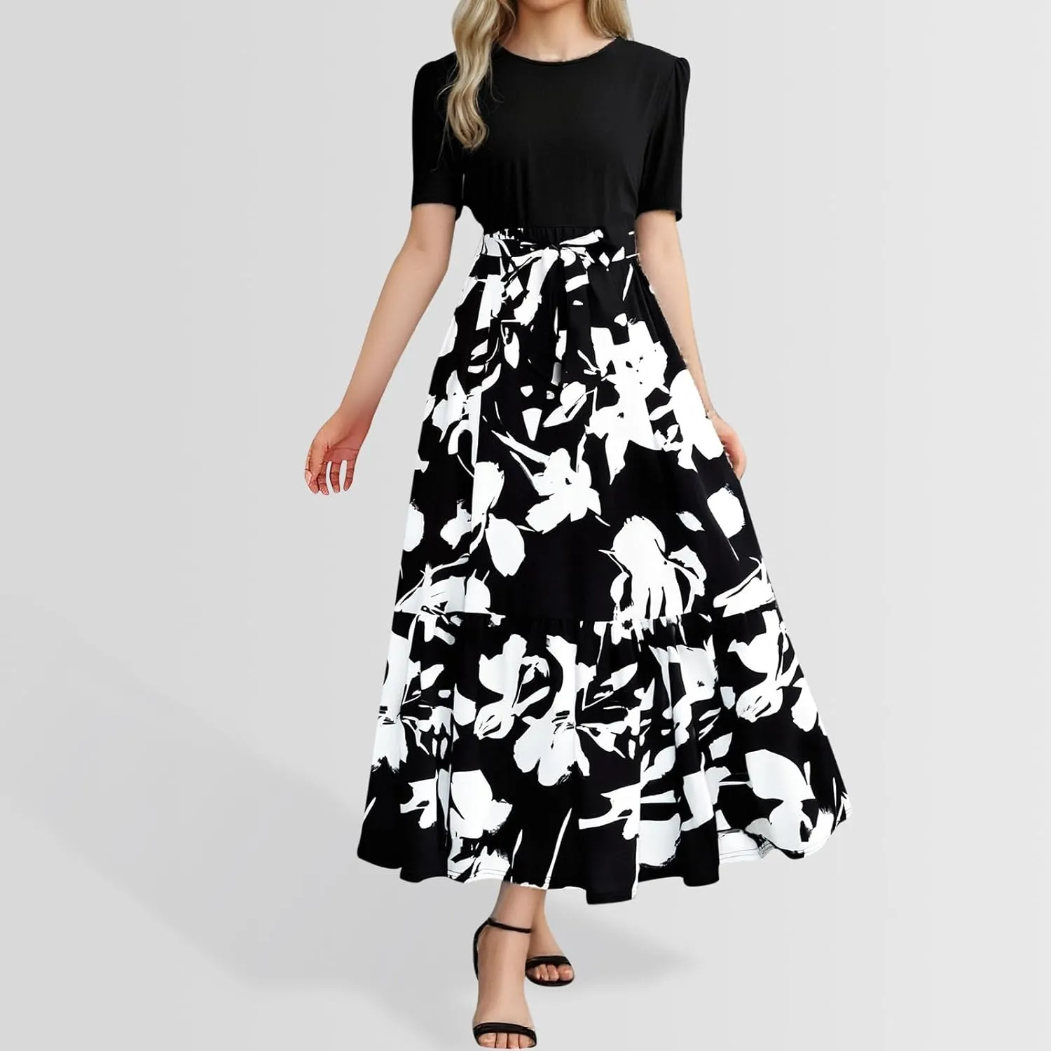 Floral Maxi Dresses for Women 2025 Summer Long Short Sleeve Casual Boho Sun Dresses A Line Patchwork Beach Dress