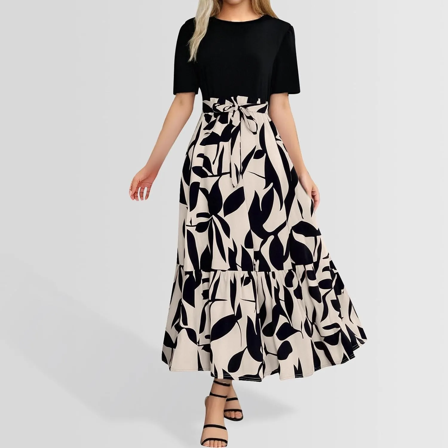 Floral Maxi Dresses for Women 2025 Summer Long Short Sleeve Casual Boho Sun Dresses A Line Patchwork Beach Dress