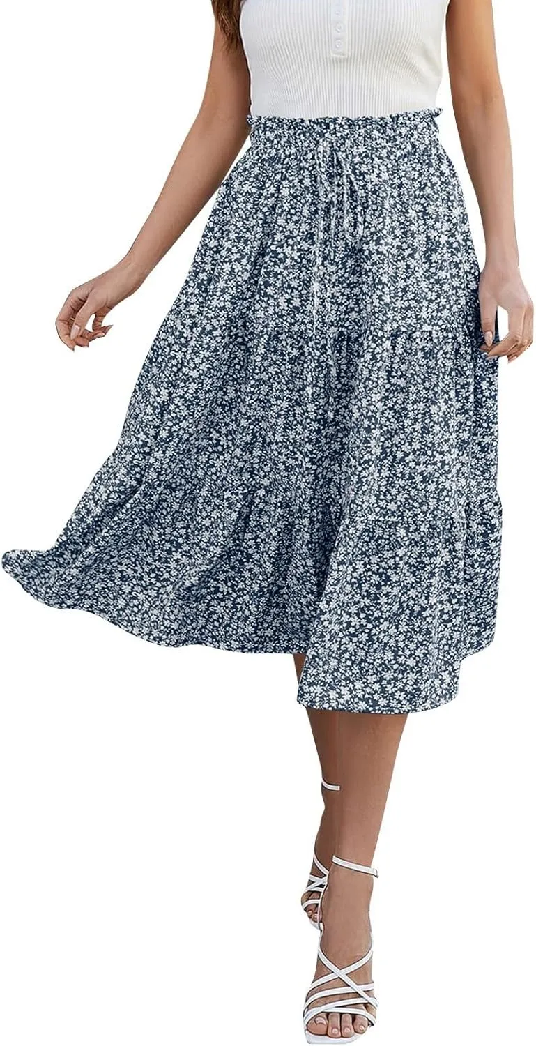 Floral Maxi Skirt for Women Summer Comfy Pleated Elastic High Waisted Skirts Vacation A-Line Flowy Swing Long Skirts