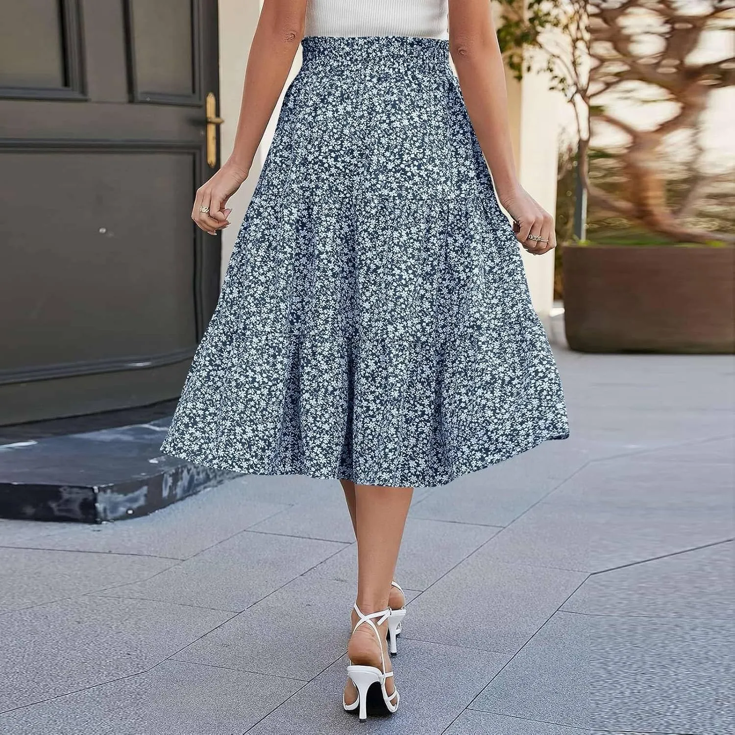 Floral Maxi Skirt for Women Summer Comfy Pleated Elastic High Waisted Skirts Vacation A-Line Flowy Swing Long Skirts