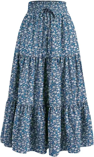 Floral Maxi Skirt for Women Summer Comfy Pleated Elastic High Waisted Skirts Vacation A-Line Flowy Swing Long Skirts