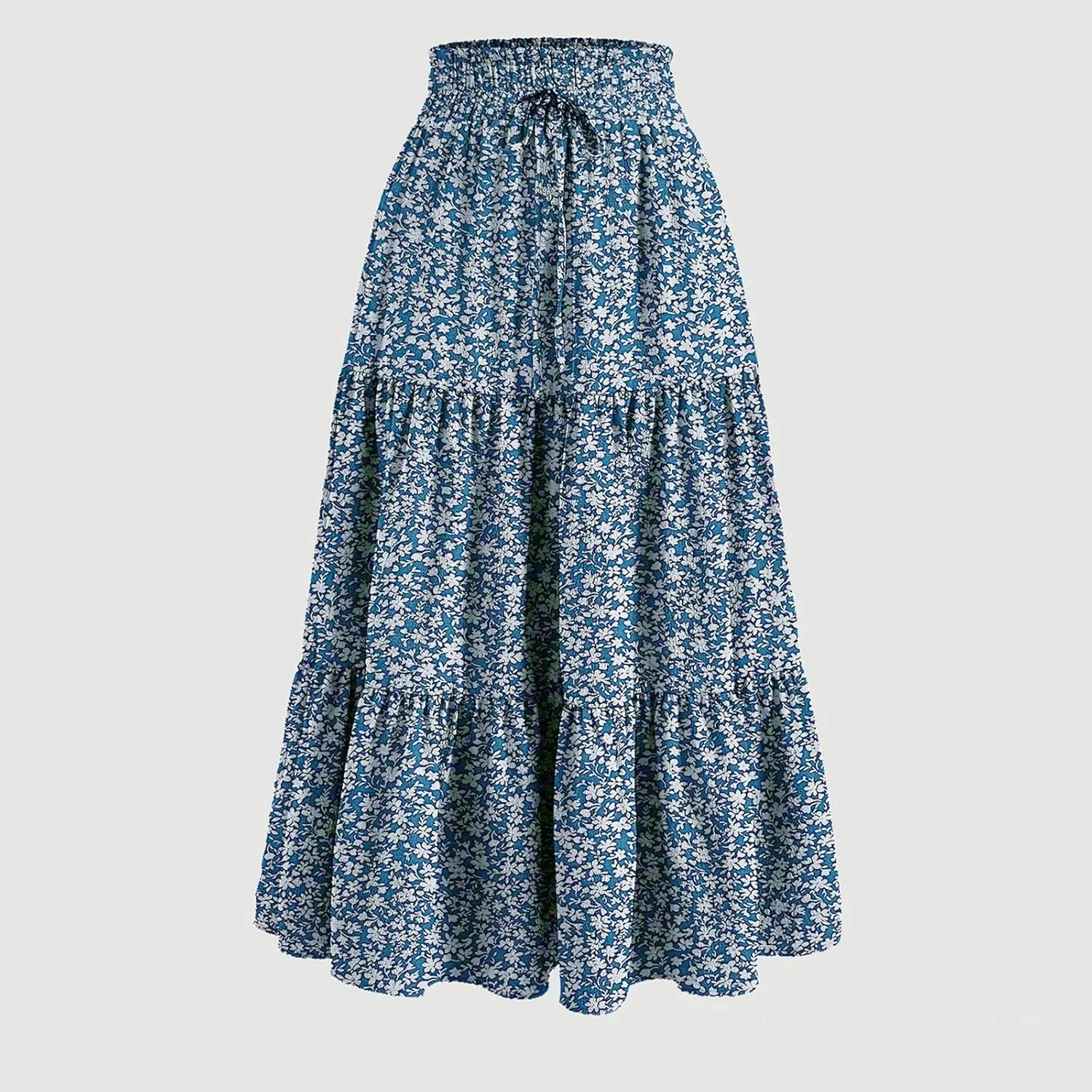 Floral Maxi Skirt for Women Summer Comfy Pleated Elastic High Waisted Skirts Vacation A-Line Flowy Swing Long Skirts