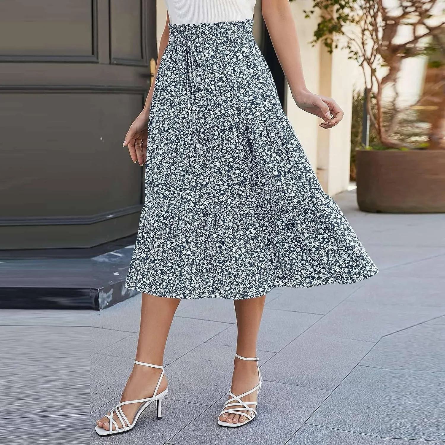 Floral Maxi Skirt for Women Summer Comfy Pleated Elastic High Waisted Skirts Vacation A-Line Flowy Swing Long Skirts