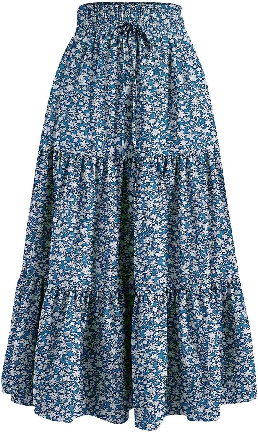 Floral Maxi Skirt for Women Summer Comfy Pleated Elastic High Waisted Skirts Vacation A-Line Flowy Swing Long Skirts