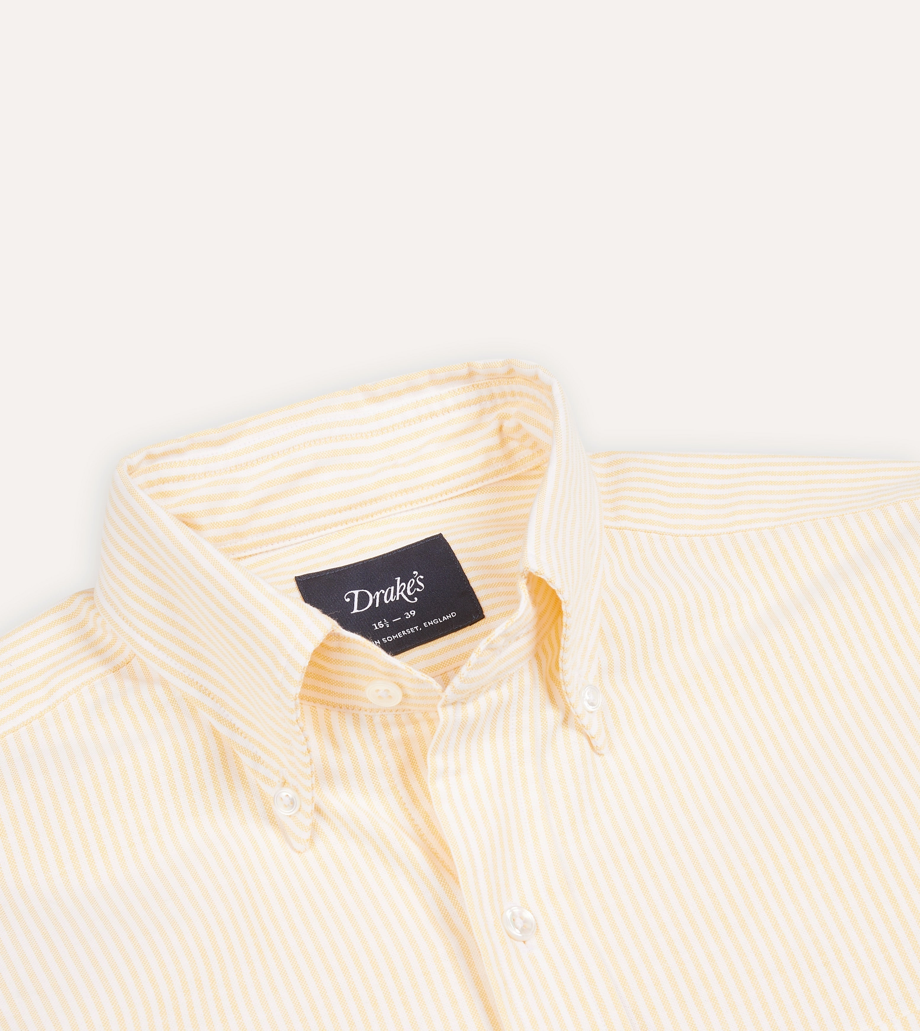 Yellow Ticking Stripe Cotton Oxford Cloth Button-Down Shirt Slim Silhouette Asymmetrical Cut