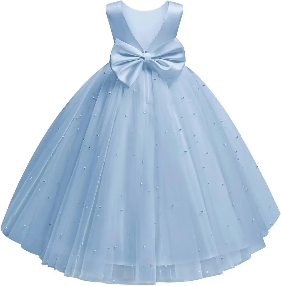 Flower Girl Dress for Wedding Pearls Tulle Dress Kids Princess Communion Pageant Ankle Length Dresses with Bow-Knot