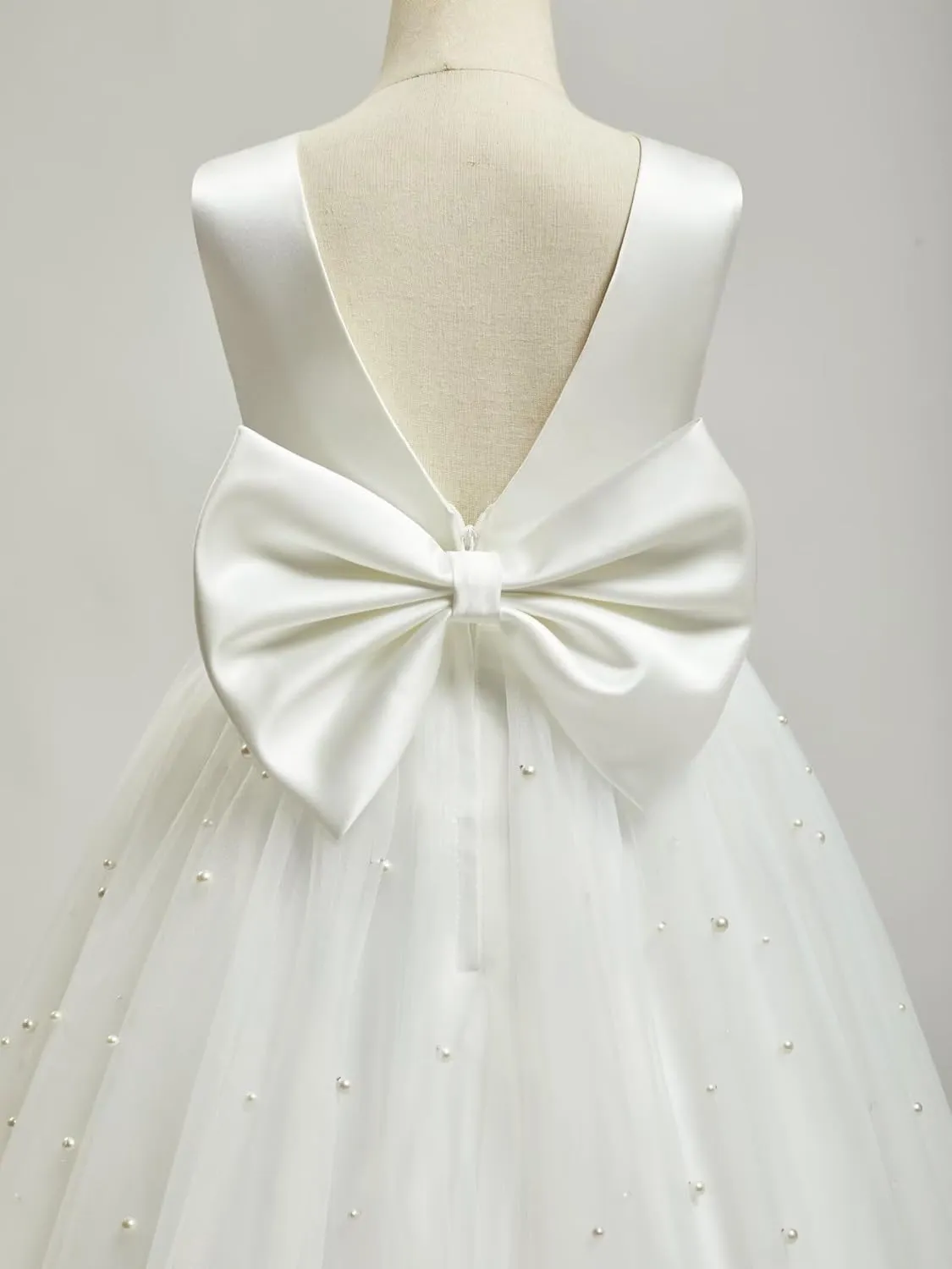 Flower Girl Dress for Wedding Pearls Tulle Dress Kids Princess Communion Pageant Ankle Length Dresses with Bow-Knot