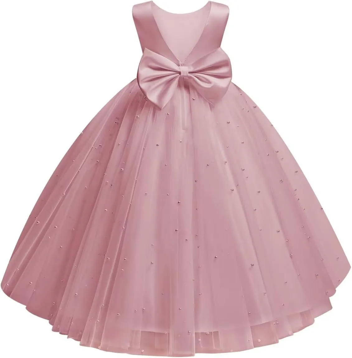 Flower Girl Dress for Wedding Pearls Tulle Dress Kids Princess Communion Pageant Ankle Length Dresses with Bow-Knot