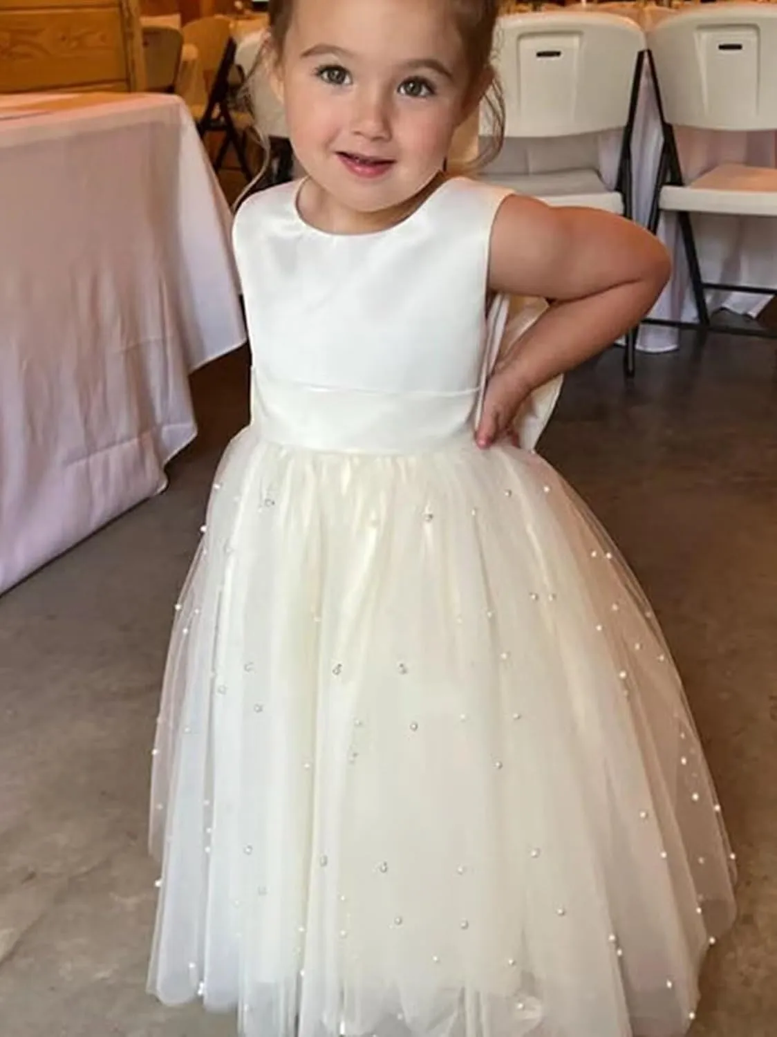 Flower Girl Dress for Wedding Pearls Tulle Dress Kids Princess Communion Pageant Ankle Length Dresses with Bow-Knot