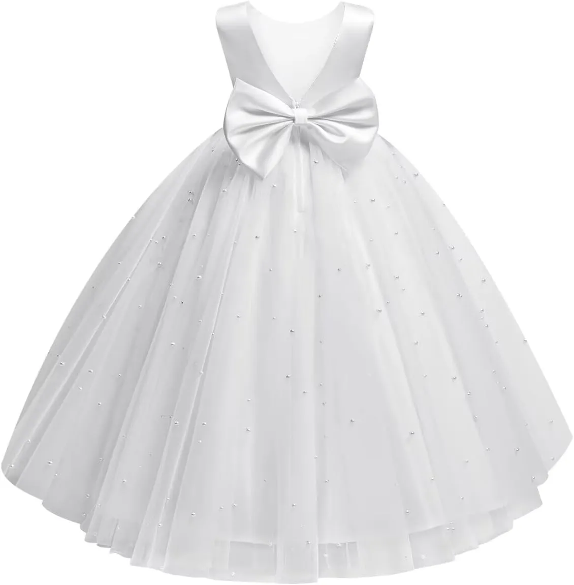 Flower Girl Dress for Wedding Pearls Tulle Dress Kids Princess Communion Pageant Ankle Length Dresses with Bow-Knot