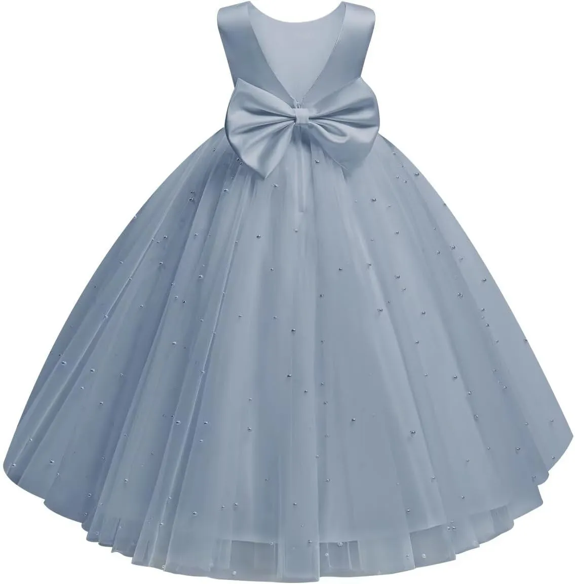 Flower Girl Dress for Wedding Pearls Tulle Dress Kids Princess Communion Pageant Ankle Length Dresses with Bow-Knot