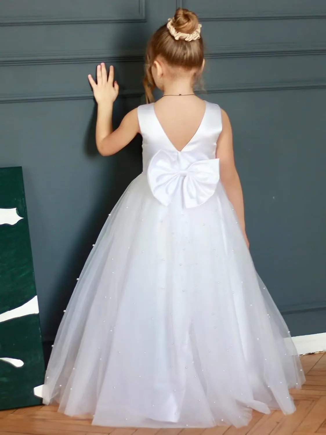 Flower Girl Dress for Wedding Pearls Tulle Dress Kids Princess Communion Pageant Ankle Length Dresses with Bow-Knot