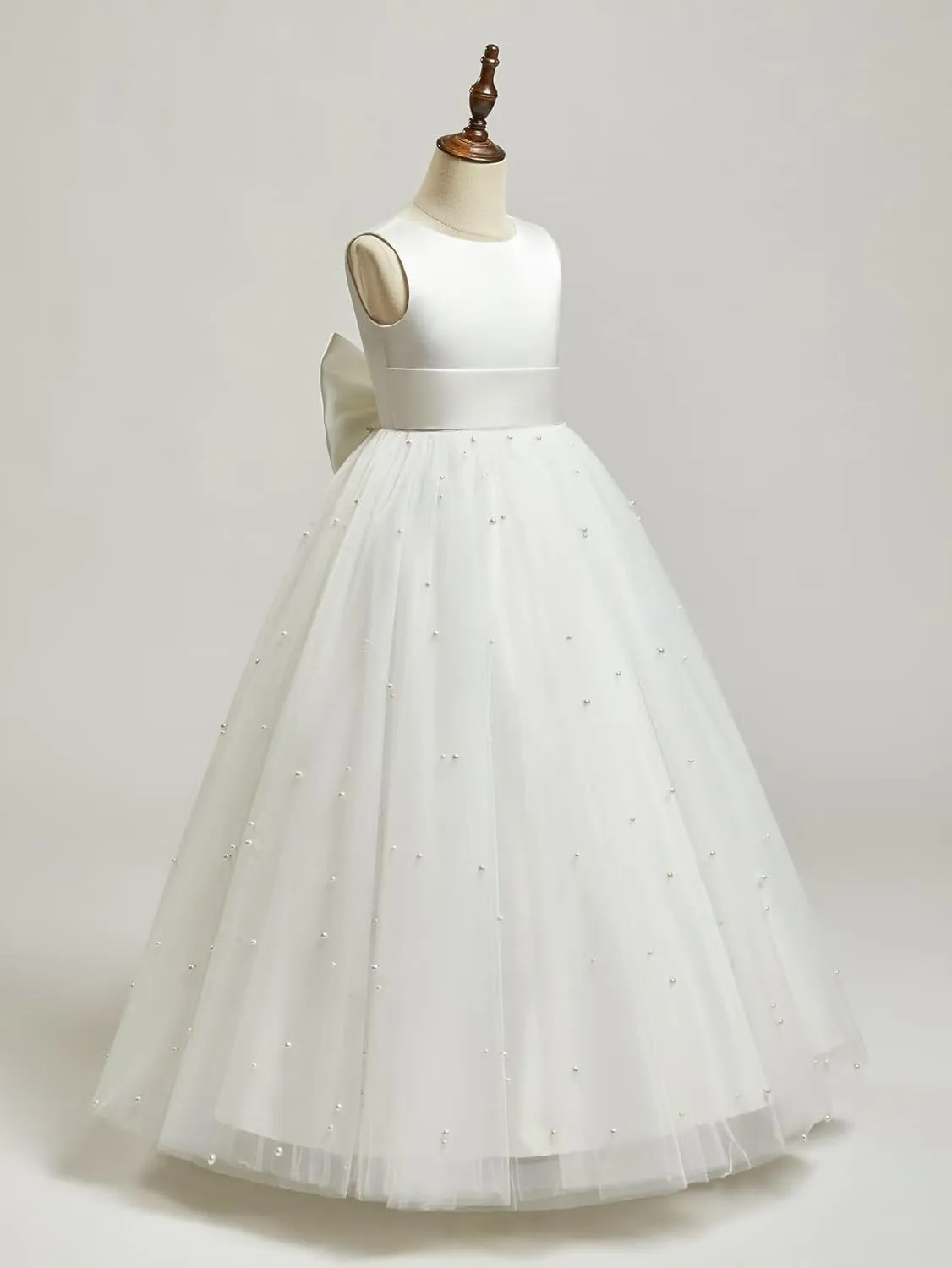 Flower Girl Dress for Wedding Pearls Tulle Dress Kids Princess Communion Pageant Ankle Length Dresses with Bow-Knot