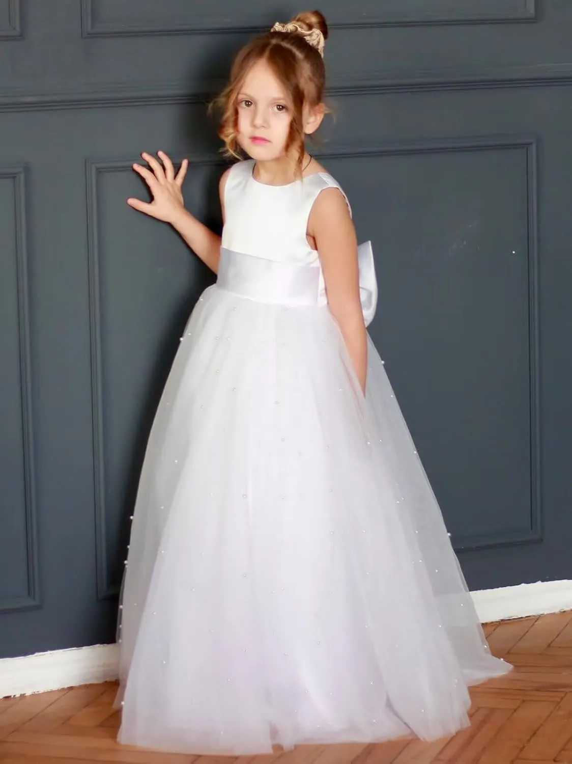 Flower Girl Dress for Wedding Pearls Tulle Dress Kids Princess Communion Pageant Ankle Length Dresses with Bow-Knot